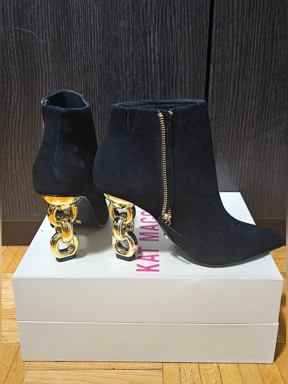 Kat Maconie Black Suede Ankle Boots with Gold Chain-Link Heel